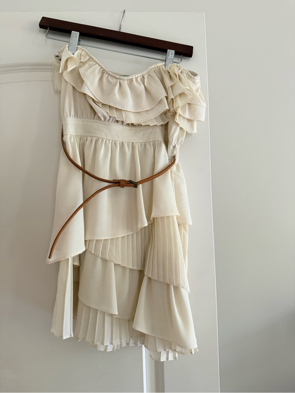 Papaya Cream Asymmetrical Ruffle Skirt with Belted Waist